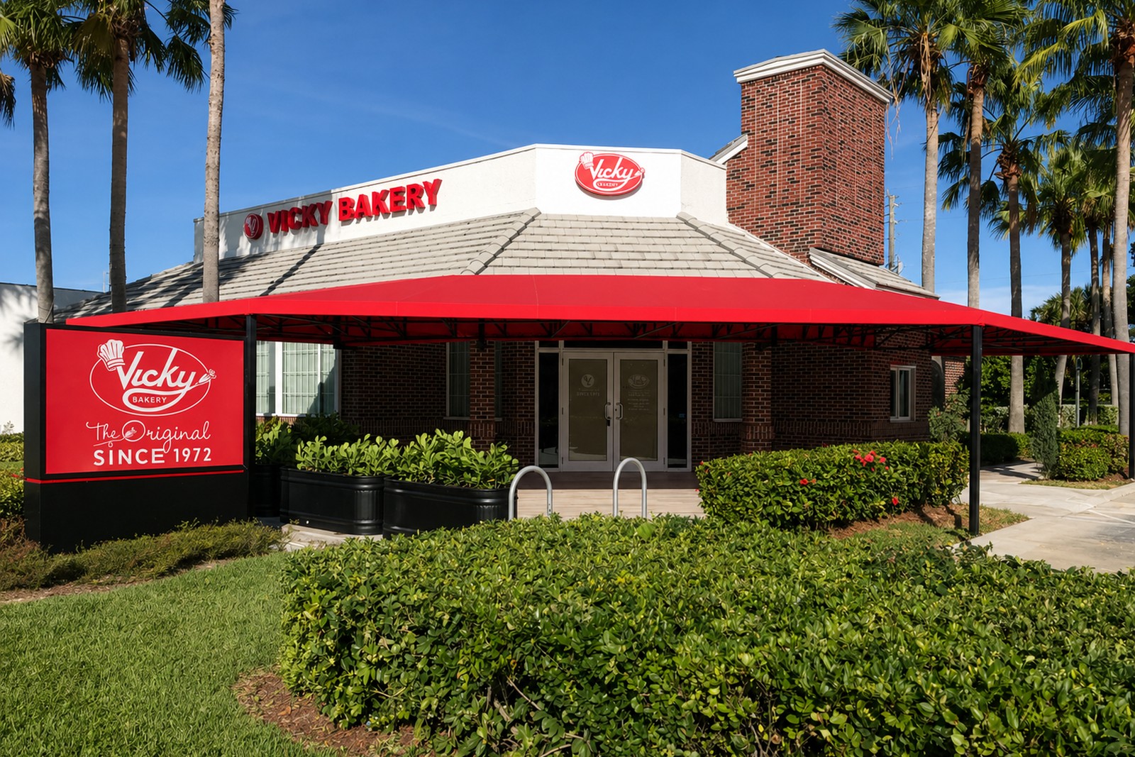 Red canopy outside Vicky Bakery